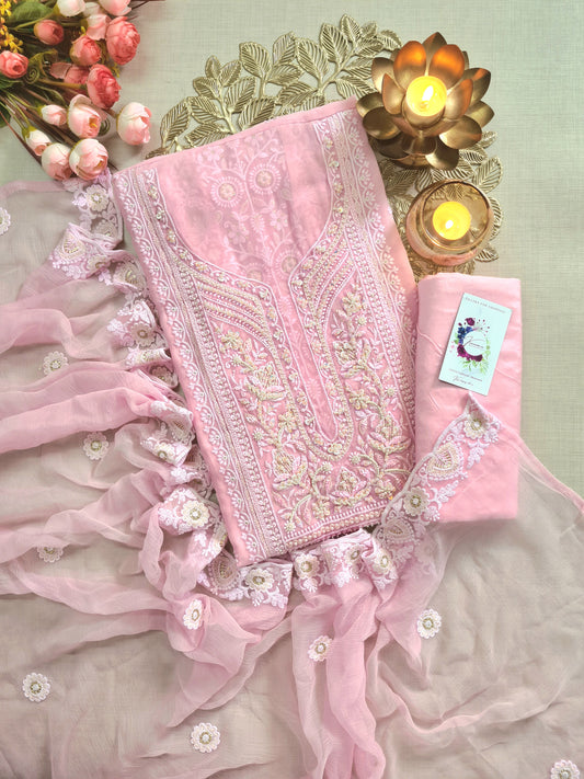 Soft Pink Premium Lucknowi Chikankari Suit with Floral Thread & Pearl Detailing
