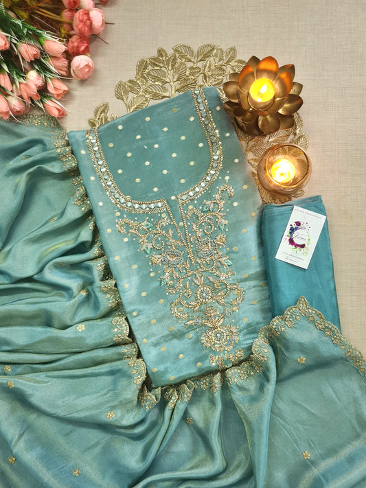 Jaipuri Sea Green Silk Unstitched Suit with Fine Mirror & Zari Embroidery
