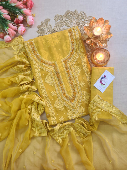 Mango Yellow Lucknowi Chikankari Suit with Bead, Thread & Mirror Detailing