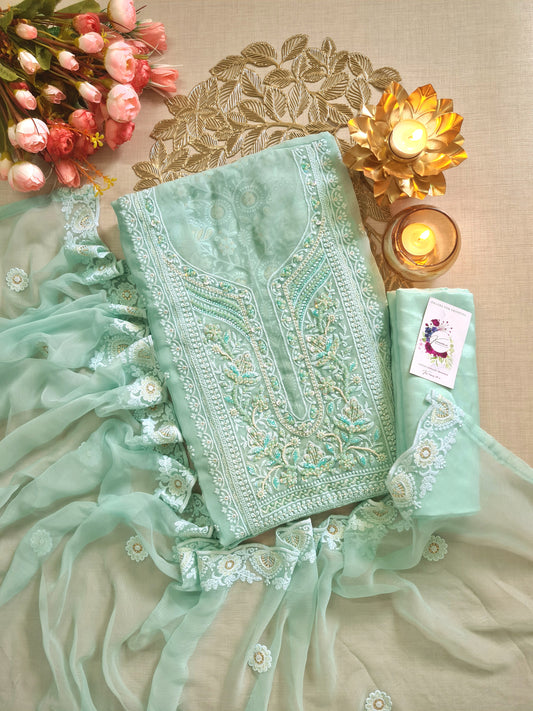 Aqua Blue Lucknowi Chikankari Unstitched Suit with Pearl & Thread Embellishments