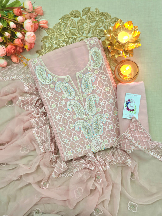 Baby Pink Lucknowi Chikankari Unstitched Suit with Heavy Paisley & Floral Work