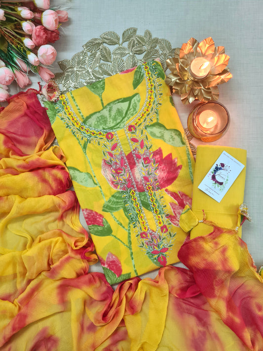 Jaipuri Yellow Floral Printed Unstitched Suit with Hand-Embellished Neckline