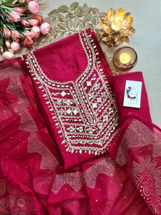 Wine Pink Jamdani Bandhej Suit with Heavy Mirror Work & Gota Details