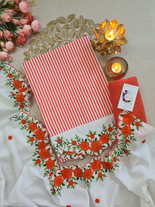 Red & White Stripe Unstitched Suit with Floral Embroidered Dupatta