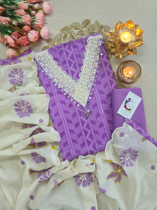 Lavender Geometric Unstitched Suit with Lace & Mirror Work