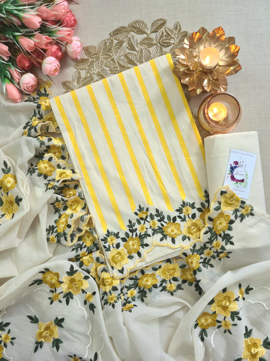 Ivory & Yellow Floral Embroidered Unstitched Suit with Stripe Kurta