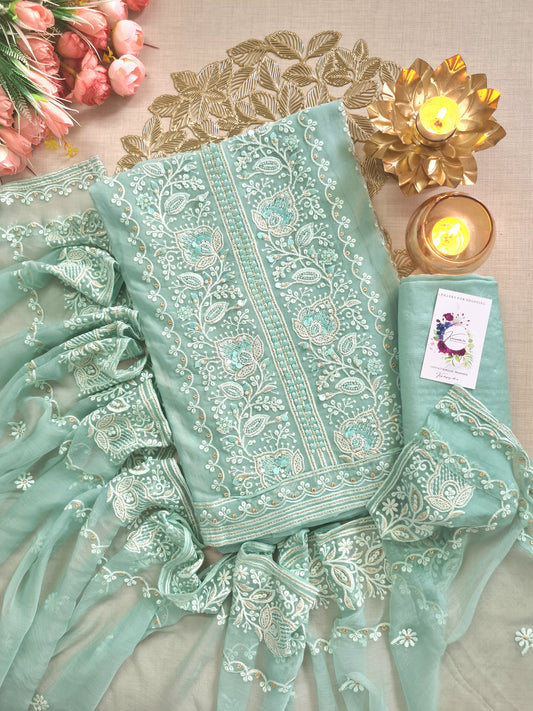 Pistachio Green Lucknowi Chikankari Suit with Sequins & Resham Embroidery