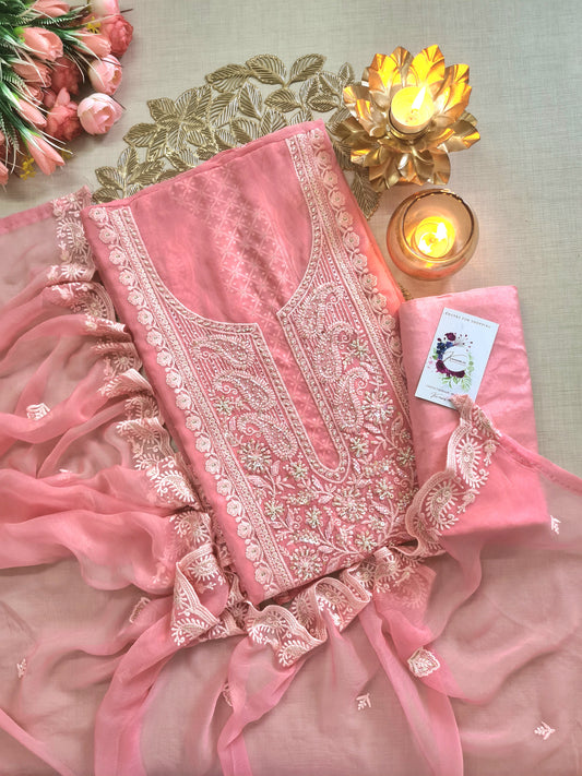 Peach Lucknowi Chikankari Unstitched Suit with Delicate White Floral Work