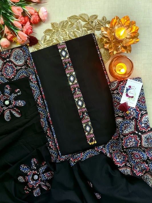 Black Ajrakh Print Unstitched Suit with Mirror Work Detailing