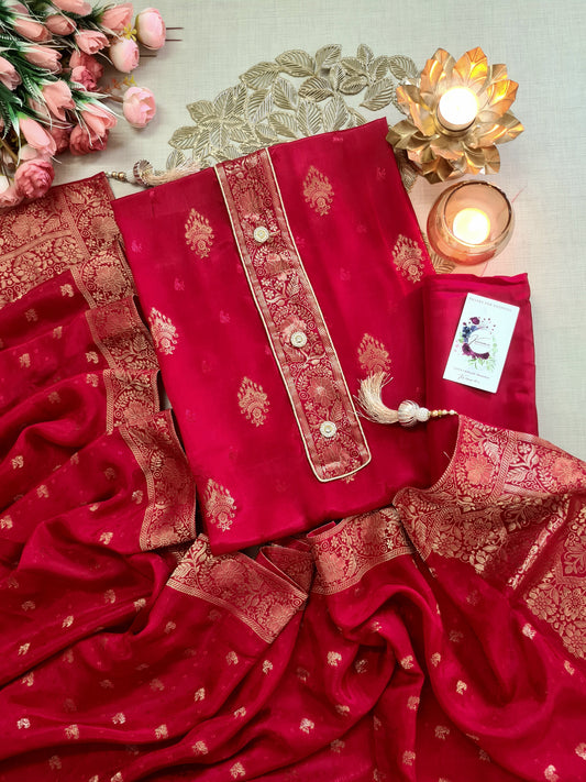 Crimson Red Banarasi Unstitched Suit with Gold Butti & Traditional Zari Dupatta