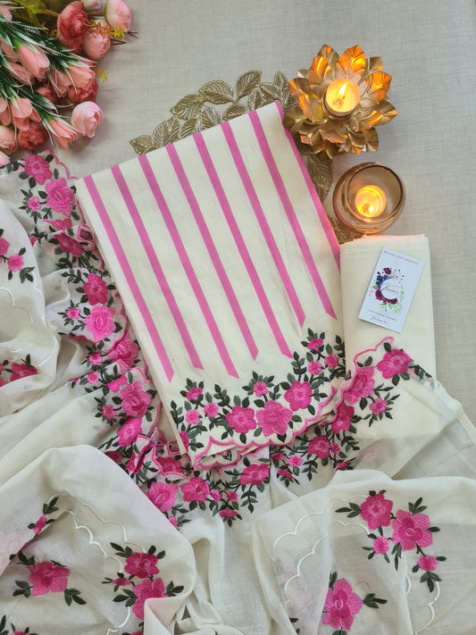 Ivory & Pink Floral Embroidered Unstitched Suit with Stripe Kurta