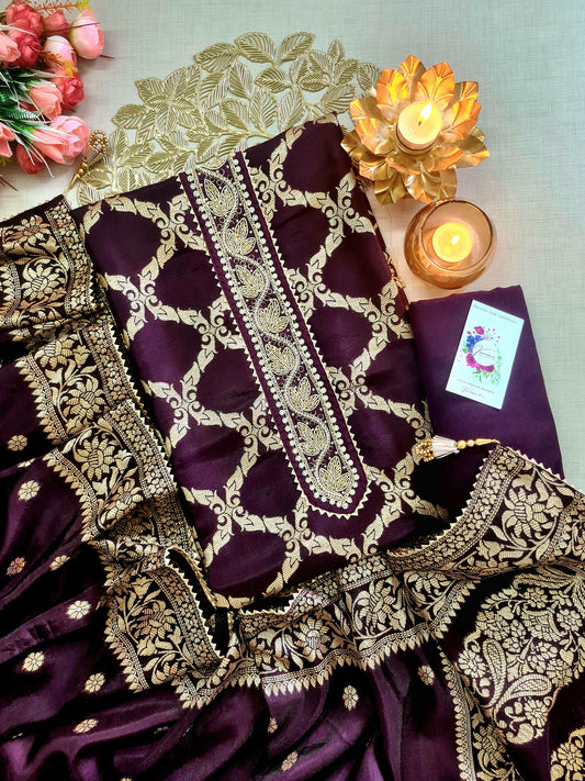 Wine Purple Banarasi Unstitched Suit with Gold Zari Geometry & Designer Placket