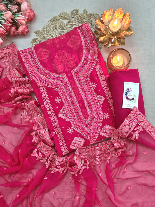 Hot Pink Lucknowi Chikankari Unstitched Suit with Heavy Thread & Mirror Embroidery