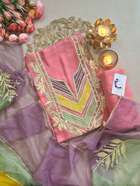 Jaipuri Peach Mirrorwork Unstitched Suit with Multi-Resham Embroidery