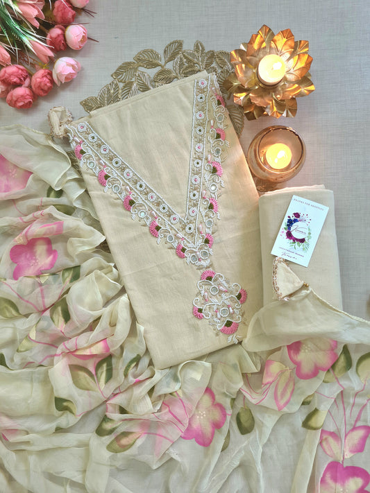 Jaipuri Pastel Beige Unstitched Suit with Thread Embroidery & Organza Dupatta