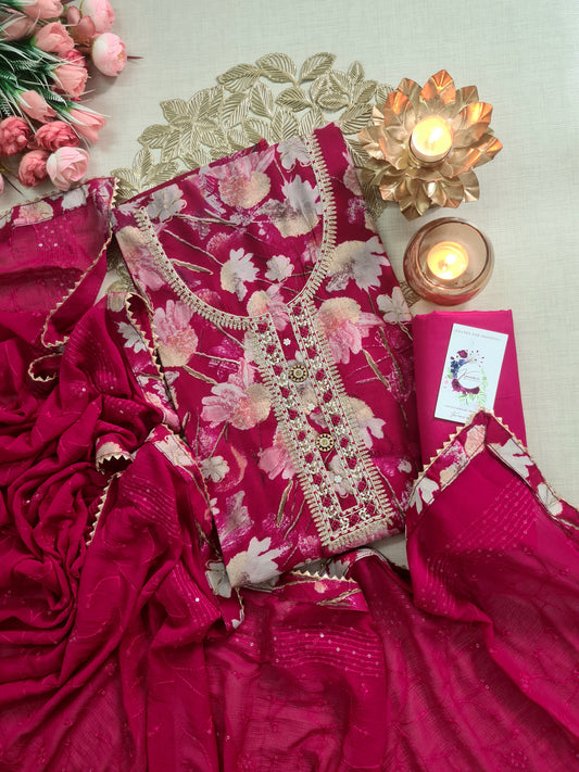 Jaipuri Wine Floral Printed Unstitched Suit with Sequin & Thread Work