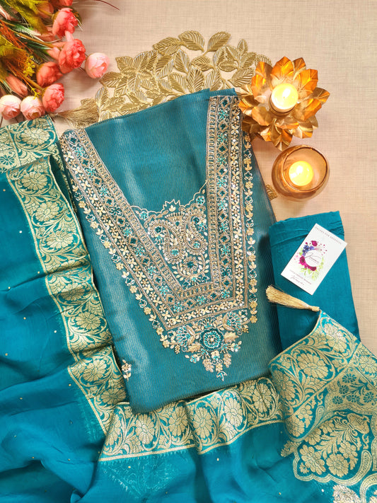 Jaipuri Teal Silk Unstitched Suit with Heavy Zari & Mirror Embroidery