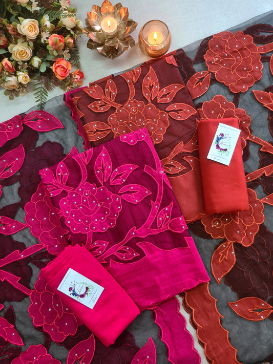 Dual Shade Jamdani Unstitched Suit with Bold Appliqué Cutwork Dupatta