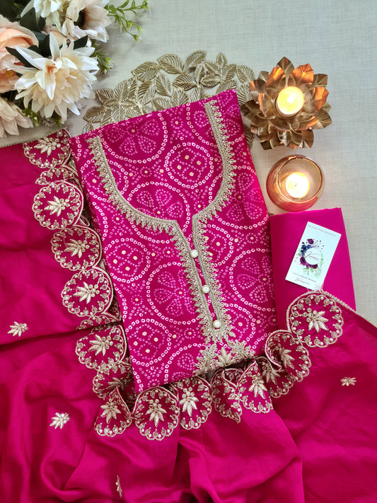 Jaipuri Hot Pink Bandhej Unstitched Suit with Heavy Gota & Mirror Work