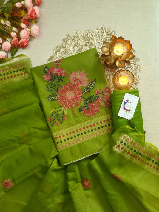 Olive Green Jamdani Unstitched Suit with Zari & Floral Thread Embroidery
