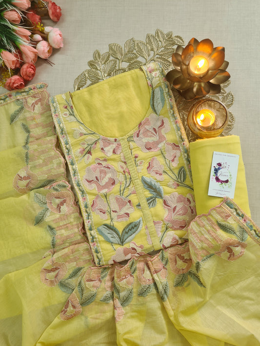 Yellow Jamdani Unstitched Suit with Soft Pastel Floral Thread Embroidery