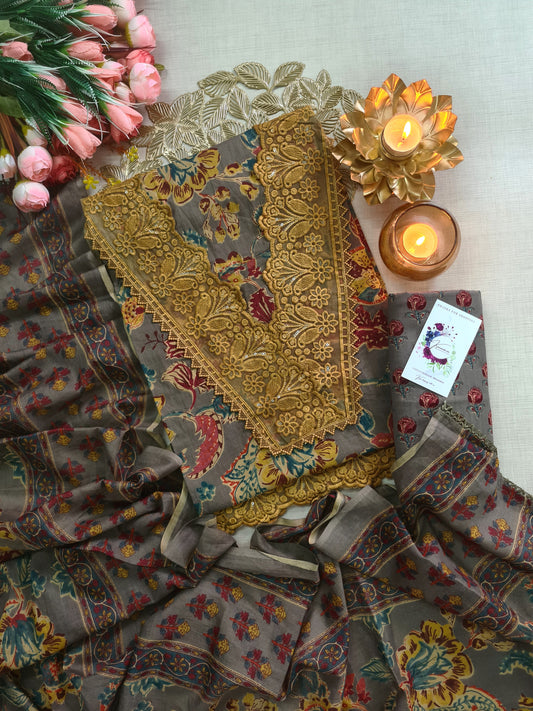 Grey Printed Unstitched Suit with Mustard Heavy Lace Neck Design
