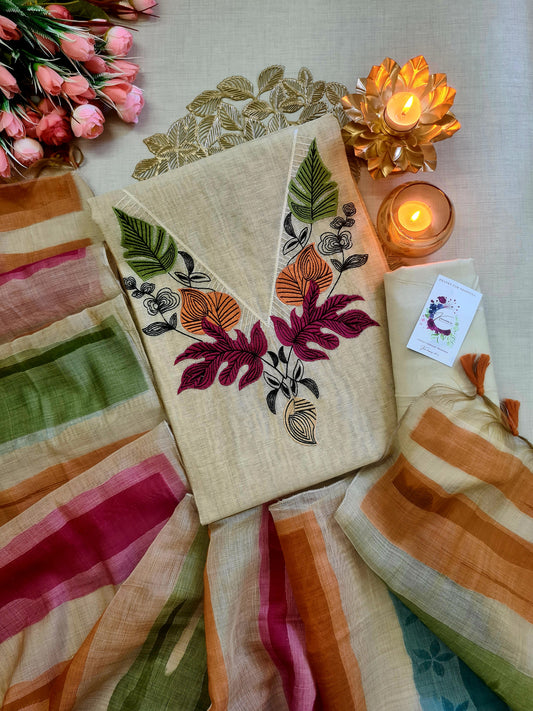 Beige Jamdani Unstitched Suit with Multicolour Thread Embroidery & Striped Dupatta