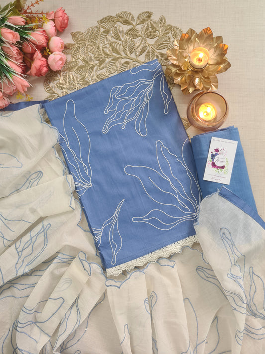 Sky Blue Embroidered Unstitched Suit with Organza-Style Dupatta