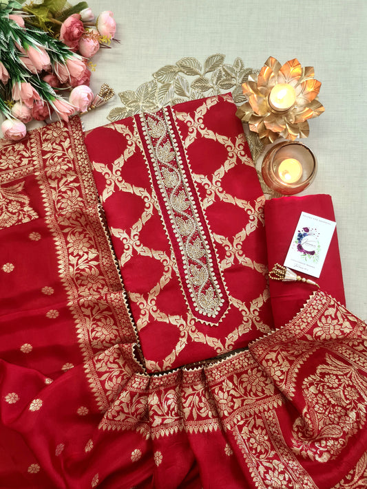 Classic Red Banarasi Unstitched Suit with Heavy Gold Zari & Designer Placket