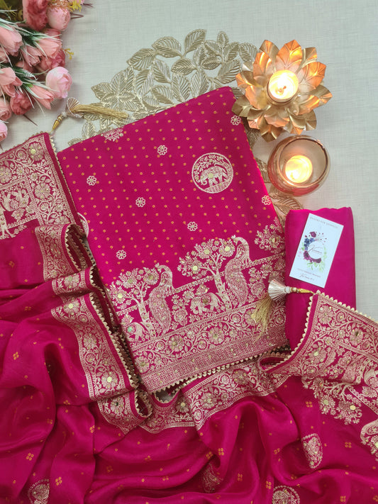 Rani Pink Banarasi Unstitched Suit with Peacock Motifs & Heavy Zari Border