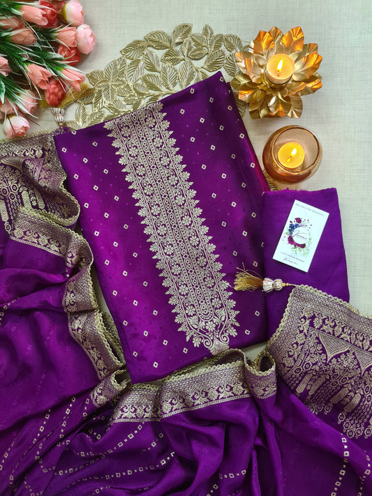 Royal Purple Banarasi Unstitched Suit with Intricate Gold Zari Placket & Heavy Dupatta