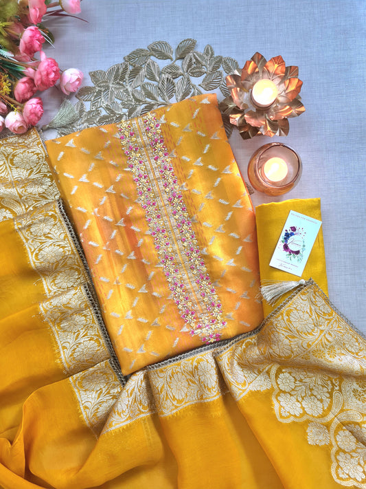 Mustard Yellow Banarasi Unstitched Suit with Floral Embroidery & Gold Zari Dupatta