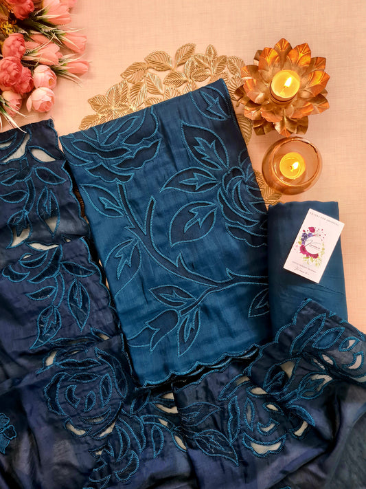 Teal Blue Jamdani Unstitched Suit with Elegant Thread Cutwork Dupatta
