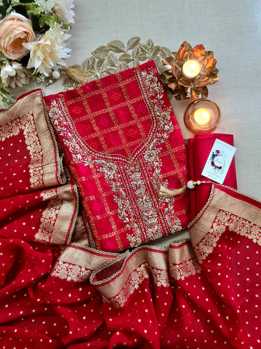 Bridal Red Banarasi Unstitched Suit with Heavy Embroidered Neckline & Gold Zari Dupatta